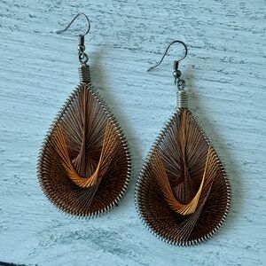 Elegant Brown and Tan Threaded Teardrop Earrings
